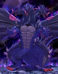 1boy 3_heads anthro bakugan claws erection genitals hydra hydranoid hydranoid_(species) male male_only membrane_(anatomy) membranous_wings multi_head nude penis purple_background purple_body red_eyes scalie sega simple_background solo unknown_artist wings