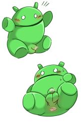 android_(os) anthro anus balls belly blush bugdroid cute_artstyle flaccid gay genitals green_body low-angle_view male mutimuti penis perineum slightly_chubby small_penis solo