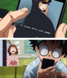 1boy 2girls ass ass_focus big_ass black_bodysuit bodysuit camie_utsushimi cellphone clothing dat_ass diyunk edit female izuku_midoriya long_hair looking_at_viewer looking_back love message my_hero_academia ochako_uraraka photo shiketsu_high_school_cap showing_ass tongue_out