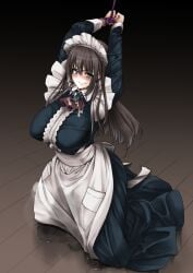 apron arekishi_raiho black_eyes blush bondage bondage bound breasts brown_hair bukkake cum embarrassed female highres large_breasts long_hair looking_at_viewer maid maid_apron maid_headdress original peeing peeing_self rope solo tearing_up tears urine