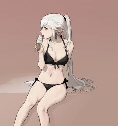 1girls 2021 bikini cleavage earring female gogalking grey_hair ice_cream insact licking_ice_cream long_hair original pinup pointy_ears ponytail red_eyes side-tie_bikini sitting solo solo_female solo_focus swimsuit tagme vampire_(gogalking) very_long_hair