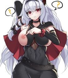 ? armpits big_breasts blush guardian_tales half_vampire half_vampire_priscilla_(guardian_tales) highres horn long_hair musatardrice_(artist) musatarice one_breast_out priscilla_(guardian_tales) red_eyes short_cape spiral_pupils white_hair wide_hips