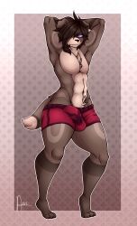 annezly anthro boxers_(clothing) breasts brown_body brown_fur brown_hair bulge canid canine canis clothed clothing detailed_bulge digital_media_(artwork) domestic_dog erection fur genital_outline hair hi_res humanoid kenji_(mikho) looking_at_viewer male male_only mammal muscular muscular_male penis_outline playboy_bunny purple_eyes raised_arm ringed_eyes rinnegan short_tail simple_background smile smiling_at_viewer solo standing thick_thighs underwear wide_hips