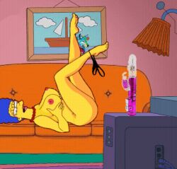 animated bad_edit blue_hair legs_up marge_simpson milf panties_around_leg sex_toy tagme the_simpsons touching_breast vibrator