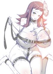 aged_up alternate_breast_size areola_slip belt beltbra big_breasts blush brown_hair chiroru cleavage collar colored_sketch demon_slayer enormous_breasts female female_only green_eyes harness huge_breasts kimetsu_no_yaiba looking_at_viewer makomo mask_on_head massive_breasts mostly_nude sitting sketch solo wariza wide_hips