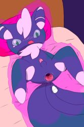 anus balls bed blackgyakudora blue_body blush feral furniture gaping gaping_anus genitals green_eyes lying male male_meowstic male_penetrated meowstic nintendo on_bed penetration penis pokémon_(species) pokemon pokemon_only solo spread_legs spreading video_games