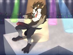 anthro balls big_penis black_body black_fur canid canine dreiker erection foreskin fur genitals hi_res humanoid_genitalia humanoid_penis male mammal microphone nintendo nude obstagoon penis pokémon_(species) pokemon solo stage video_games