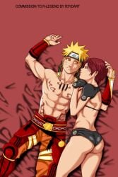 1boy 1girls big_ass blonde_hair body_markings booty_shorts crack_pairing crossover female gantz gantz_suit gloves headband kei_kishimoto latex latex_gloves latex_suit male muscular_male naruto naruto_(series) naruto_shippuden on_back on_bed on_side r3ydart red_hair short_hair short_shorts shorts thick_thighs topless_male uzumaki_naruto very_short_hair