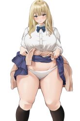 1girls big_breasts blonde_hair blush breasts chubby chubby_female eye_contact female_focus female_only looking_at_viewer neneneji original panties school_uniform standing thick_thighs voluptuous wide_hips