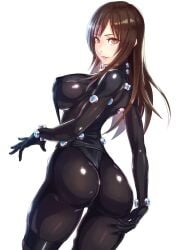 big_ass big_breasts bodysuit brown_eyes brown_hair female female_only gantz gantz_suit latex_suit long_hair looking_at_viewer looking_back nipple_bulge rubber_suit shimohira_reika sideboob skin_tight smile solo thick_thighs thigh_grab thigh_strap tight_clothing yuuji_(and)