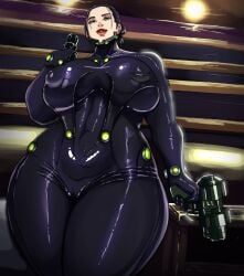 alternate_body_type bbw big_breasts black_hair bodysuit curvaceous curvy female female_only gantz gantz_suit gun huge_breasts johntazukura latex latex_suit low-angle_view nipple_bulge plump red_lipstick sakuraoka_sei skin_tight smile solo thick_thighs tied_hair venus_body voluptuous wide_hips