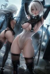 2girls alternate_version_available arms_up big_breasts black_gloves black_legwear black_panties black_thighhighs black_thong cleavage curvaceous elbow_gloves female female_only gantz gantz_(cosplay) gantz_suit gloves hair_over_one_eye hairband hi_res highleg_leotard katana latex_suit leotard long_hair mole_under_mouth nier:_automata realistic sakimichan short_hair sideboob skin_tight thick_thighs thighhighs thong underboob white_hair yorha_2b yorha_a2