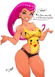 1girls aleksandrgav big_breasts blue_eyes breasts busty cleavage dialogue earrings female female_focus female_only hourglass_figure jessie_(pokemon) lipstick long_hair makeup nintendo pinup pinup_pose pokemon skimpy skimpy_clothes solo swimsuit swimwear tagme undersized_clothes wide_hips