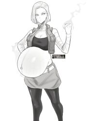 1girls android_18 breasts cleavage clone66 dragon_ball dragon_ball_z female female_only huge_belly linea_nigra monochrome pregnant ready_to_pop solo stretch_marks torpedo_belly veiny_belly