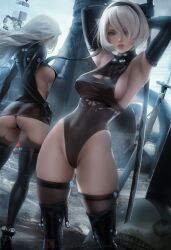 2girls alternate_version_available arms_up big_breasts black_gloves black_legwear black_panties black_thighhighs black_thong cleavage cleavage_cutout curvaceous elbow_gloves female female_only gantz_(cosplay) gantz_suit gloves hair_over_one_eye hairband hi_res highleg_leotard katana latex_suit leotard long_hair mole_under_mouth nier:_automata realistic sakimichan short_hair sideboob skin_tight thick_thighs thighhighs thong white_hair yorha_2b yorha_a2