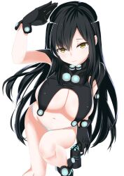 big_breasts black_gloves black_hair cleavage female female_only gantz gantz_suit gatari gloves gun high-angle_view latex_suit long_hair looking_at_viewer no_bra panties reika_shimohira smile solo white_panties yellow_eyes