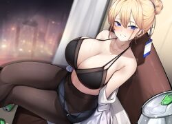 1girls 2022 black_bra blonde_hair blue_eyes blush bra breasts cleavage ddangbi female female_only hips huge_breasts indoors long_legs looking_at_viewer office_lady original original_character pantyhose slim_waist smile sweat sweaty_body thick_thighs thighs tied_hair undressing wide_hips