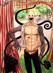 3boys blush brothers clothing creepy creepy_smile creepypasta forest hat looking_at_viewer male male_only muscular offenderman slenderman smile splendorman tentacle