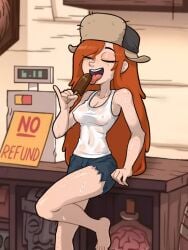 1girls 2020s 2022 armpit barefoot black_bottomwear breasts_visible_through_clothing cash_register centinel303 closed_eyes denim_shorts disney disney_channel disney_xd eating_food enjoying eyes_closed female freckled_face freckled_legs freckles front_view full_body gravity_falls happy hat heroine human ice_cream indoors leaning_back leaning_on_object leg_raised licking light-skinned_female light_skin long_hair open_mouth pointy_breasts red_hair redraw shiny_skin short_hair shorts smile solo solo_female standing straight_hair sweat sweating sweaty sweaty_legs tank_top teenage_girl teenager thighs tomboy two_tone_headwear ushanka wendy_corduroy western_art western_cartoon wet_topwear white_topwear