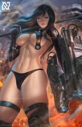 big_breasts black_hair black_panties brown_eyes covered_nipples female female_only fire gantz gantz_suit gun katana latex_suit long_hair looking_at_viewer nipple_bulge no_bra nopeys panties sci-fi shimohira_reika skin_tight solo sword thick_thighs thigh_strap thighhighs underboob weapon