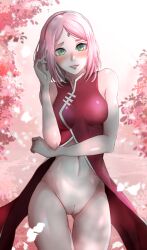 1girls aboart aboleuk bent_elbow blush boruto:_naruto_next_generations bottomless breasts cherry_blossom digital_media_(artwork) elbow_rest fanart female female_only field flower flower_field green_eyes high_resolution innie_pussy large_eyes light-skinned light-skinned_female light_background lipstick makeup medium_breasts naruto naruto_(series) no_panties open-mouth_smile open_mouth pink_eyebrows pink_hair pussy sakura_haruno shade shading shadow skinny smile solo sunlight thigh_gap thin_eyebrows toned_female uncensored vagina