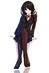 artist_request black_hair crossed_legs date_a_live female highres long_hair looking_at_viewer one_eye_closed pantyhose pleated_skirt raizen_high_school_uniform red_eyes school_uniform simple_background sitting solo thighs tokisaki_kurumi white_background