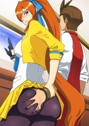 1boy 1girls apollo_justice ass ass_dough ass_grab athena_cykes back big_ass blue_eyes blush bracelet clothing deep_skin embarrassed etzel female female_focus groping gyakuten_saiban hair_ornament hand_on_ass huge_ass leggings male molestation orange_hair public rape skirt_lift stealth_ass_grab unseen_male_face very_long_hair