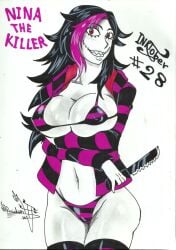 big_breasts breasts creepy_smile creepypasta female high_heels huge_breasts inktober jacket knife long_hair looking_at_viewer multicolored_hair nina_the_killer nipple_bulge panties raidon_dimentional_land red_eyes smile solo standing text