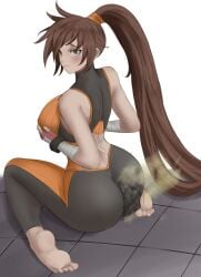 anonymous_artist ass barefoot big_ass brown_hair dnf_duel dungeon_and_fighter dungeon_fighter_online fart fart_cloud fart_fetish farting feet female ponytail scat soiling soles striker_(dungeon_and_fighter) toes