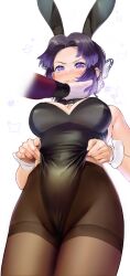 1boy 1girls angry black_hair blush bunny_ears bunnysuit butterfly_hair_ornament curvy_figure demon_slayer douma female hair_ribbon kimetsu_no_yaiba kochou_shinobu leotard medium_hair mr_tangsuyuk nipple_bulge pantyhose petite purple_eyes purple_hair standing thick_thighs thighs two_tone_hair viewed_from_below white_background