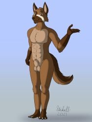 2021 4_fingers 4_toes abs alexander_illanov animal_genitalia anthro athletic athletic_anthro athletic_male balls black_nose brown_body brown_fur canid canine canis claws domestic_dog feet fingers fully_sheathed fur genitals german_shepherd green_eyes herding_dog hi_res humanoid_hands male mammal navel nude pastoral_dog pecs plantigrade sheath signature smile solo standing story story_in_description strikersa toe_claws toes