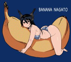 :t ass banana bare_legs bare_shoulders barefoot bikini black_hair blue_background breasts female food fruit full_body halftone headgear highres kantai_collection large_breasts long_hair looking_at_viewer lying nagato_(kantai_collection) object_hug on_stomach sideboob simple_background solo striped striped_bikini swimsuit synecdoche