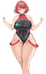 1girls absurdres bangs bare_arms bare_shoulders blush breasts closed_mouth covered_navel curvy eyebrows_visible_through_hair female hair_ornament hands_up highres large_breasts leotard looking_at_viewer neneneji plump pyra pyra_(pro_swimmer)_(xenoblade) red_eyes red_hair short_hair simple_background smile solo standing thick_thighs thighs white_background xenoblade_chronicles_(series) xenoblade_chronicles_2