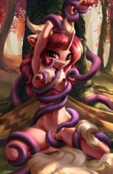 anthro arthropod bound breast_grab breasts changeling female flechette forest forest_background friendship_is_magic genitals hand_on_breast hands_tied hasbro hi_res jumperkit legs_tied my_little_pony nature nature_background open_mouth plant pussy solo spread_legs spreading tentacle tentacle_sex tree