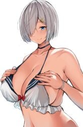 absurdres bikini blue_eyes breasts female frilled_bikini frills hair_ornament hair_over_one_eye hairclip hamakaze_(kantai_collection) highres kantai_collection large_breasts neneneji short_hair silver_hair simple_background solo swimsuit upper_body white_background white_bikini