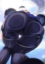 1girls ass_focus ass_press back_view female female_only from_behind from_below genshin_impact hi_res huge_ass light-skinned_female light_skin lilnoot pants pov pov_ass sitting sky thick_thighs thigh_gap yelan_(genshin_impact)