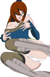 bare_shoulders bent_knees bm-art boots breast_grab breasts brown_hair butt_crack cleavage dress female female female_only fishnet_legwear fishnet_stockings fishnets fondling fondling_breast grabbing_own_breast green_eyes legwear looking_at_viewer lying_on_side mature mature_female mei_terumi naruto naruto_(series) naruto_shippuden no_bra panties self_fondle solo solo_focus stockings strapless_dress white_panties