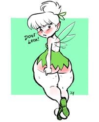 1girls ass blush blushing covering covering_ass disney disney_fairies embarrassed iseenudepeople limited_palette little_girl micro_female minigirl short_dress small_female small_girl solo solo_female solo_focus thick_thighs tinker_bell tiny_female tiny_girl underbutt