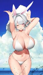 absurdres animal_ears armpits arms_up bikini breasts bunny_ears cleavage cloud earrings female grin highres huge_breasts jewelry medium_hair migu_(iws2525) one_eye_closed original outdoors pointy_ears rabbit_ears red_eyes side-tie_bikini silver_hair sky smile solo swimsuit water wet white_bikini