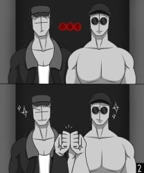 ... 2boys bandana comic confused deimos deimos_(madness_combat) fist_bump grey_body grey_skin headphones imminent_sex lines_on_face mad_cum madness_combat male muscular no_face page_2 panels romp34 sanford sanford_(madness_combat) shirtless smirk smirking smug sparkles sunvisor