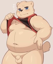 5:6 anthro balls bottomless clothed clothing flaccid foreskin fur genitals hi_res humanoid_genitalia humanoid_penis male mammal moki mostly_nude navel overweight overweight_male penis polar_bear solo topwear ursid ursine white_body white_fur