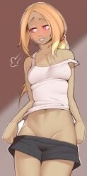 1girls belly belly_button blonde_hair blush breasts brown_background casual_clothing clothing dark-skinned_female dark_skin female gravity_rush kat_(gravity_rush) long_hair looking_away nickleflick pelvic_line red_eyes sigh slim slim_waist small_breasts solo solo_female tied_hair undressing wamudraws