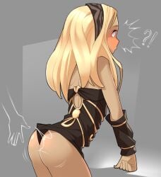 1girls blonde_hair blush dark-skinned_female dark_skin female gravity_rush grey_background hairband kat_(gravity_rush) long_hair nickleflick reddened_butt solo solo_female spanked spanking surprised tanned tanned_female wamudraws