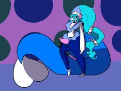 2022 anthro anthrofied blue_eyes blue_hair digital_media_(artwork) genital_slit genitals gijinkmom girly hair high_resolution long_hair male male_primarina pearls pokemon pokemon_(species) precum presenting primarina solo solo_male thick_ass thick_tail thick_thighs