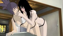 2girls 3d bent_over bikini black_hair blush brown_eyes female female/female female_only finger_in_mouth finger_sucking finger_to_mouth grabbing grabbing_from_behind hand_between_legs indoors kurenai_yuhi midriff mitarashi_anko multiple_girls naruto naruto_(series) naruto_shippuden oral purple_hair red_eyes standing_sex swimsuit xnalara xps xteet yuri yuuhi_kurenai