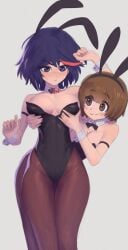 2girls alternate_costume anonds31 arm_up belly_button_visible_through_clothing blush blushing bow breasts bunny_ears bunnysuit embarrassed female female_only hand_up interested kill_la_kill mankanshoku_mako matoi_ryuuko medium_breasts necklace short_hair smile smiling stockings tagme thunder_thighs touching_breast yuri