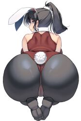 1girls ass ass_focus big_ass big_breasts big_butt blue_eyes breasts bunny_ears bunny_girl bunny_tail eye_contact feet female female_only huge_ass huge_butt leotard looking_at_viewer looking_back masao original pantyhose ponytail solo white_background