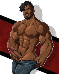 1boy abs african african_male big_pecs black_panther_(series) blitzturner bumpy_skin celebrity dark-skinned_male dark_skin erect_penis erection erik_killmonger hard_on huge_pecs human human_only male_only marvel marvel_cinematic_universe melanin michael_b_jordan muscular muscular_male pants_down teasing thick_penis villain