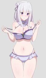 big_breasts blush elf elf_ears elf_female elf_girl emilia_(re:zero) female female_focus female_only green_jewel hair_flower hair_ornament half_elf huge_breasts large_breasts long_hair looking_at_viewer miniskirt neck_jewelry pointy_ears purple_eyes re:zero_kara_hajimeru_isekai_seikatsu removing_clothing shoulder_pads shy silver_hair solo solo_female swimsuit teenage_girl teenager thick_thighs thighs thong very_long_hair white_flower white_hair x_hair_ornament