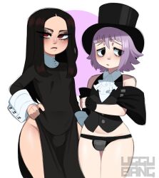 2boys androgynous bags_under_eyes black_clothing black_hair blush booty_shorts bulge cravat crona_(soul_eater) crossover curvy curvy_hips dress_slit embarrassed erect_nipples erect_nipples_under_clothes eye_bags eyeshadow femboy feminine_male full_color fupa girly goth goth_clothing goth_femboy gothic guilty_gear hair_between_eyes long_hair no_background nun's_habit otoko_no_ko outfit_swap penis_bulge pink_hair red_eyes short_bangs short_shorts simple_background slit_dress soul_eater standing testament_(guilty_gear) thick_thighs thighs top_hat trap uggu_bang waistcoat wide_hips